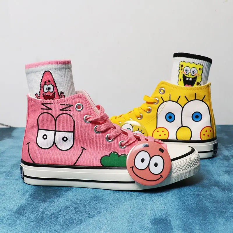 Summer new student Spongebob Squarepants High top canvas shoes cute girl cartoon street sneakers