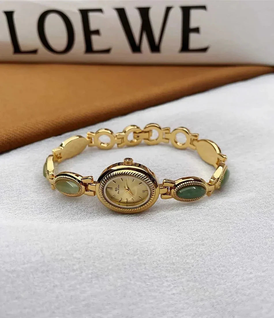Women's Gold Watch Vintage Brown Jade Bracelet Small Dial Quartz Daily Wear Party Clock Luxury Waterproof Ladies Watches Gifts