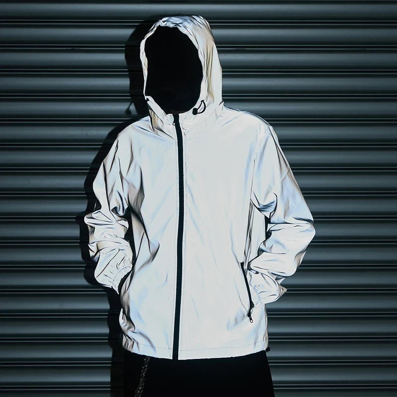 Night Reflective Clothes Spring New Men's Hooded Jacket Outdoor Run Casual Windproof Coat Couples Hip-hop Streetwear S-5XL