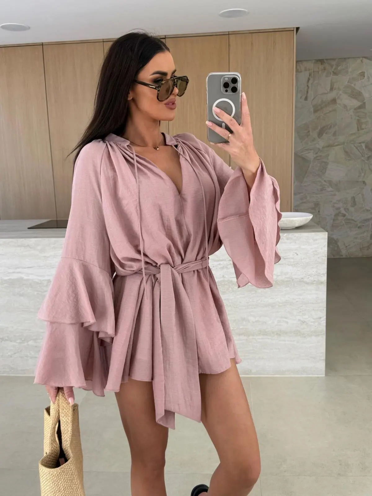 2026 Autumn Ruffle Loose Mini Dress Casual Flare Sleeve Holiday Dresses Sexy Deep V-neck Lace Up Solid Women's Dress Vestidos
