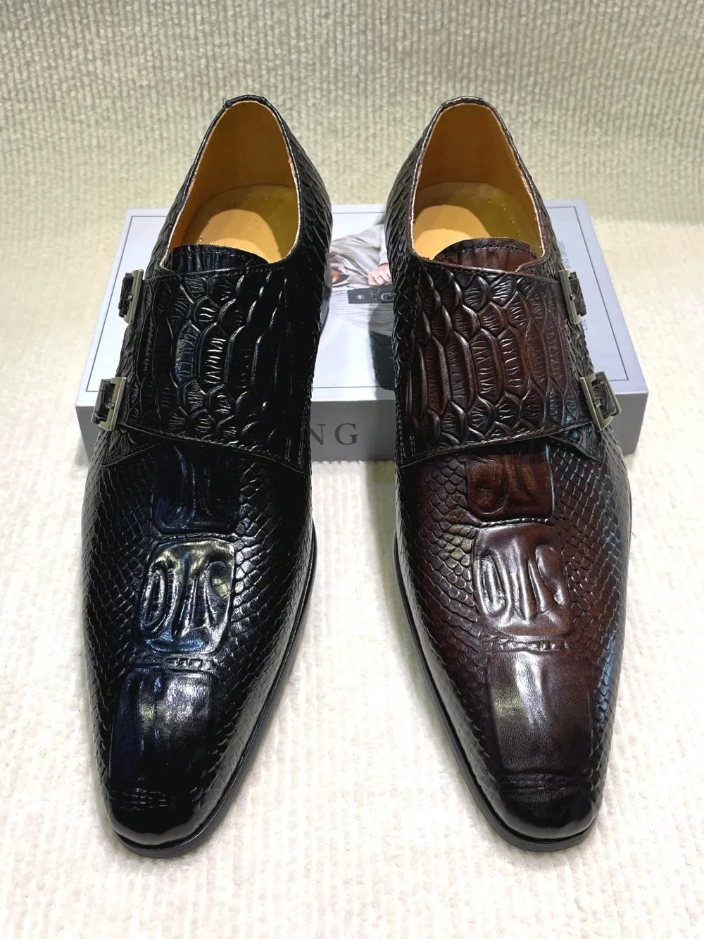 Men's Italian Genuine Leather Formal Oxford Shoes Python Crocodile Pattern Button Detailing for Office Party Wedding Footwear