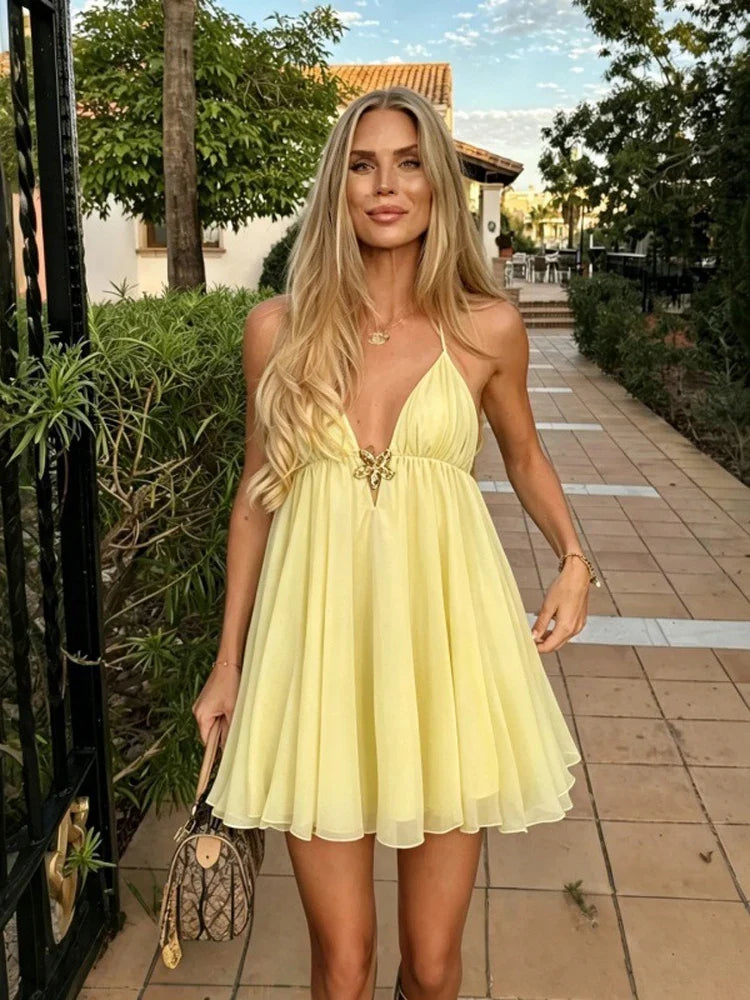 Yellow V Neck Satin Lace Patchwork Maxi Dress Chic Spaghetti Strap Backless Slip Robe 2026 Summer New Lady Beach Holiday Vestido