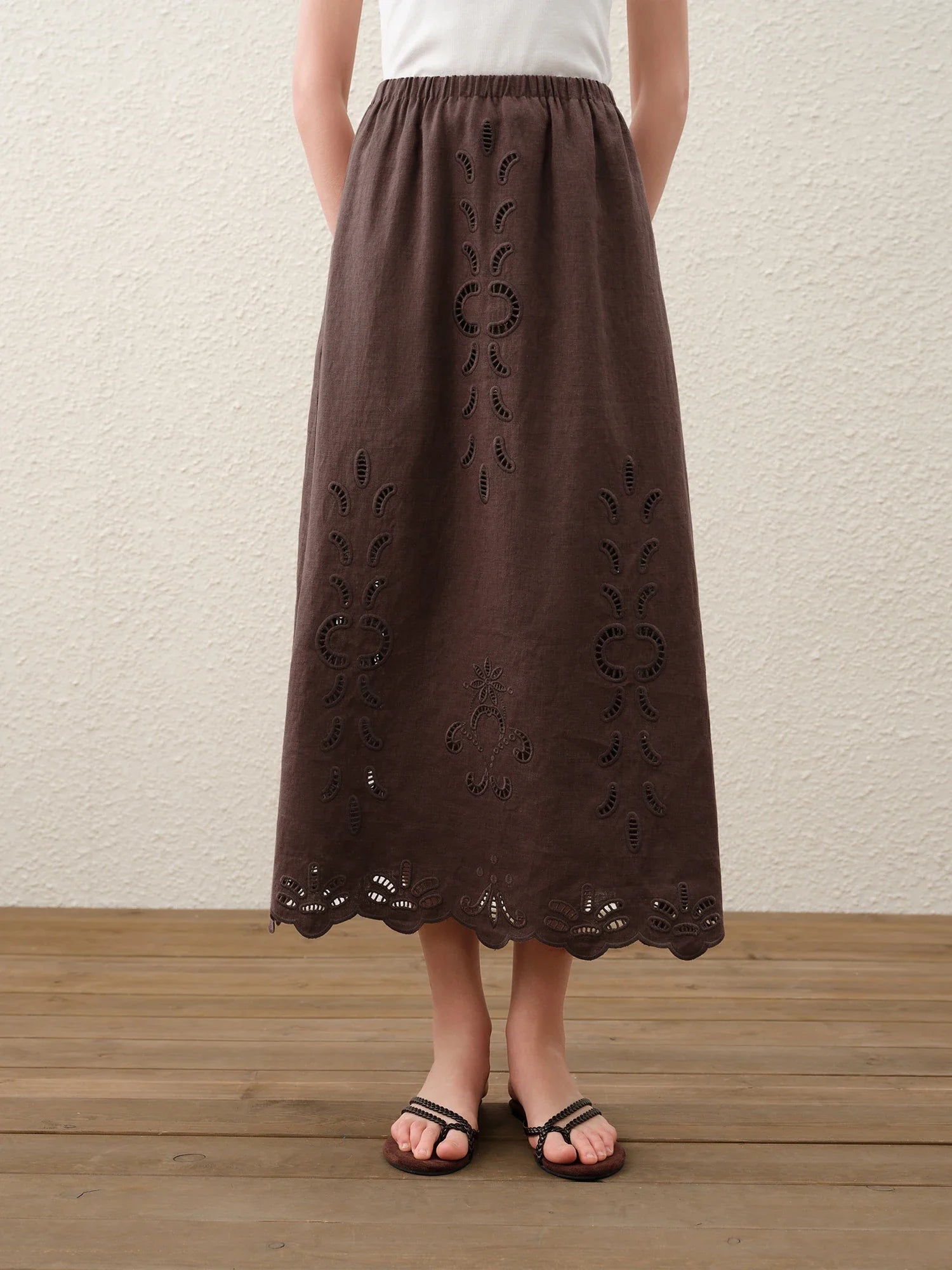 Summer Women Linen Two Piece Set Cut-Out Embroidered Sleeveless Top Midi Skirt Boho Beach Vacation Style