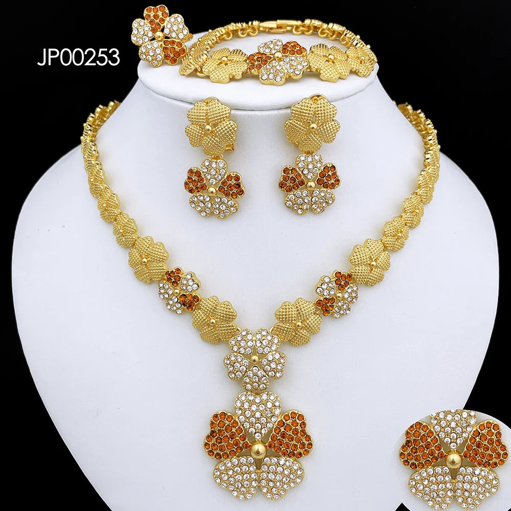 Dubai Nigeria Jewelry Sets For Women Luxury Design Five Petals Flower Pendant Necklace Earring Bracelet And Ring