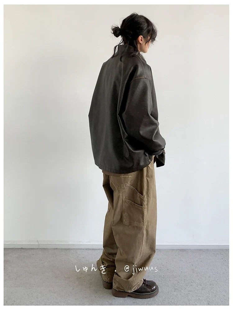 Spring Cool Oversized Vintage Distressed Pu Leather Jacket Men Elegant Luxury Designer Chinese Style Clothes 2024