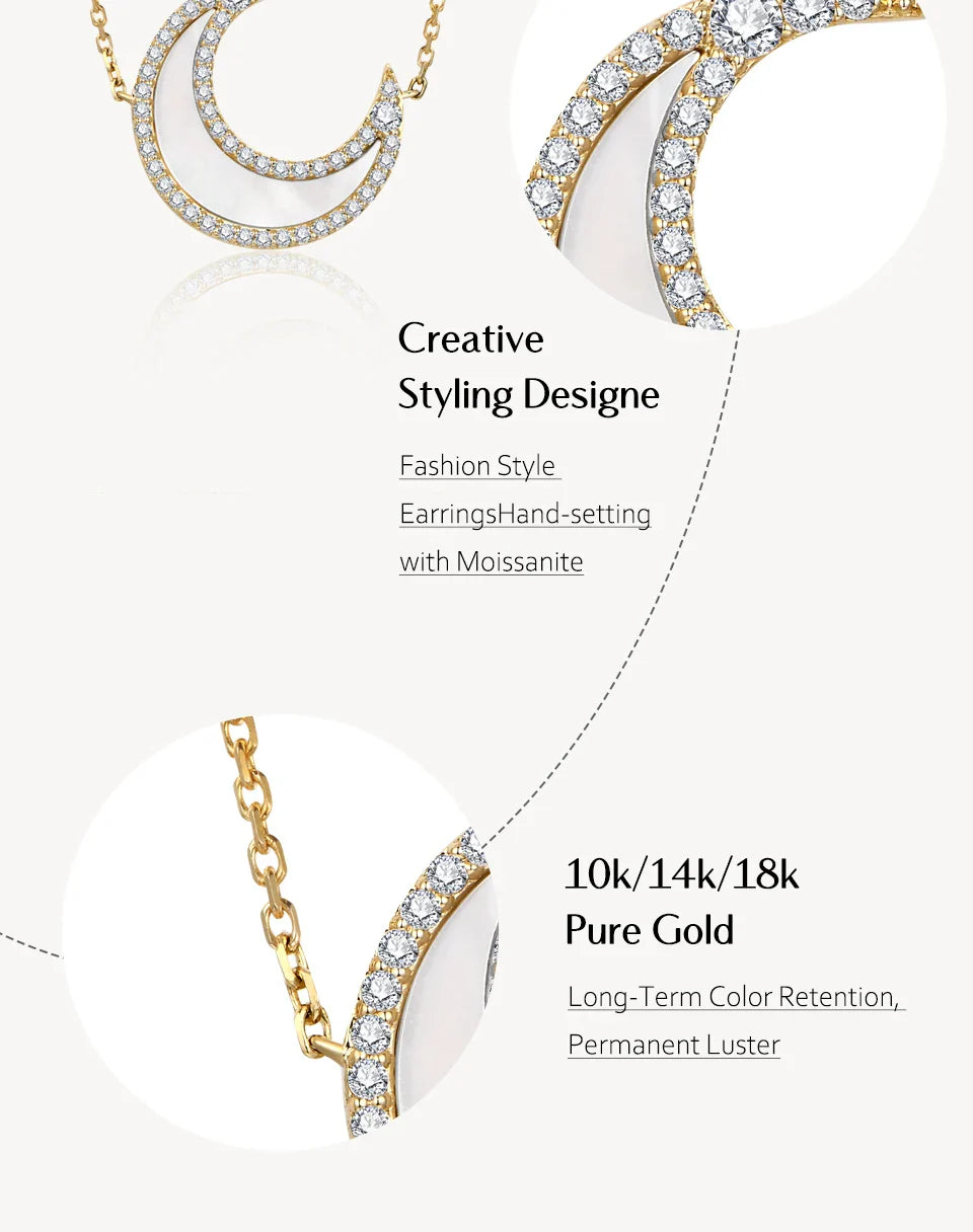 D Color VVS1 Luxury Moon Moissanite Necklace for Women Solid S925 Silver Yellow Gold Pendant Fine Jewelry Girls Party