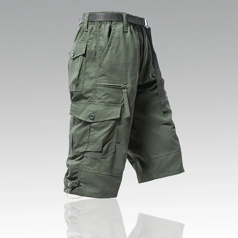 Men's Cargo Shorts 3/4 Casual Running Shorts Below Knee Elastic Waist Hiking Outdoor Jogging Fishing Shorts with a Belt
