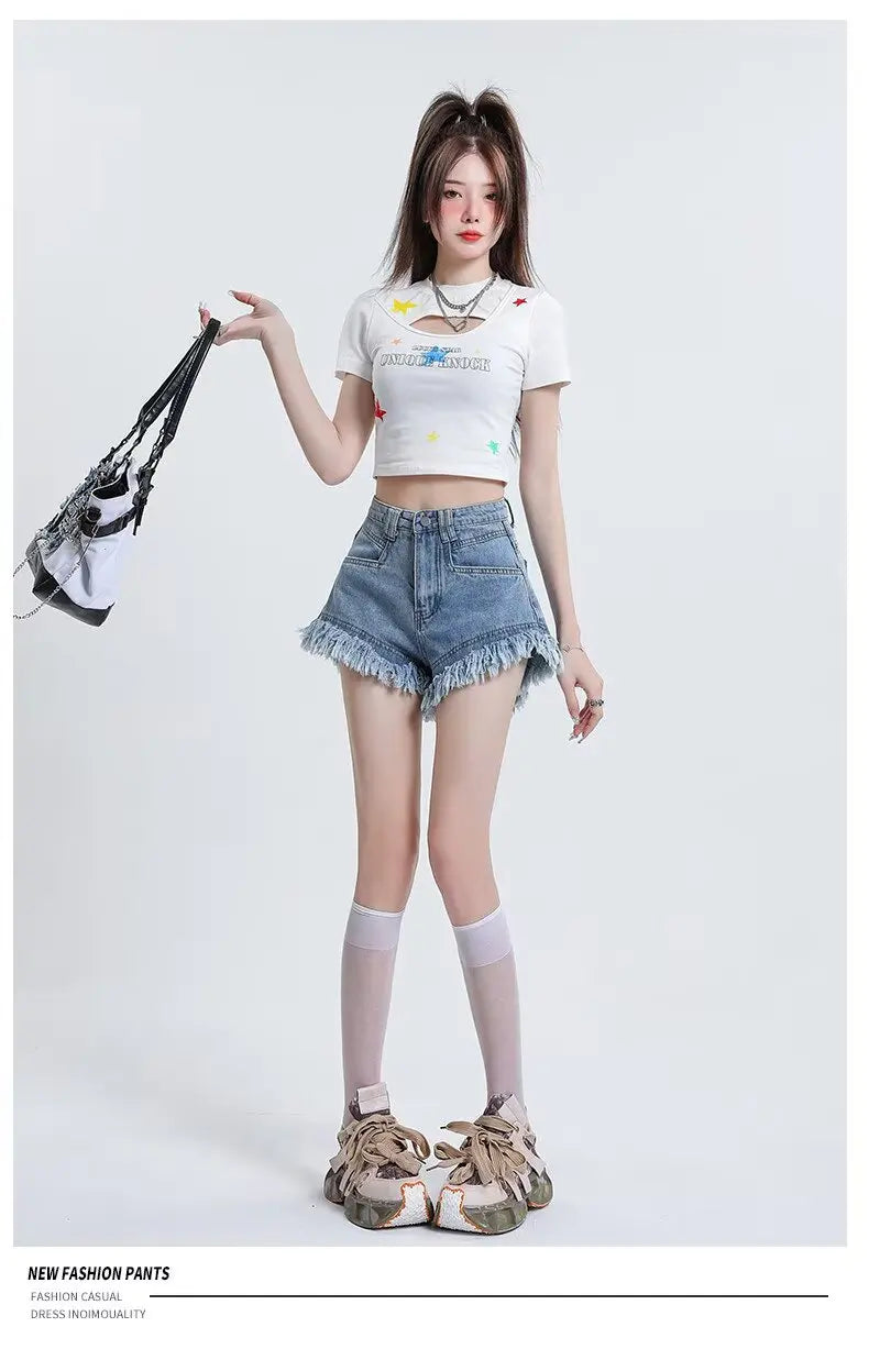 Women's Pear-shaped Friendly Denim Shorts 2026 Summer New High Waist Frayed Hem Casual Streetwear Wide Leg Hot Pants