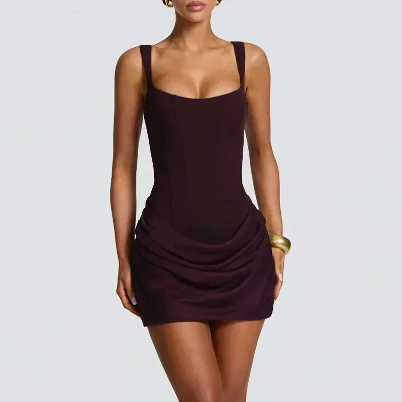 Sexy Square-neck Halter Long Dress Women 2025 Pleated Sleeveless Backless High Waist Bodycon Dresses New Summer Lady Party Gowns