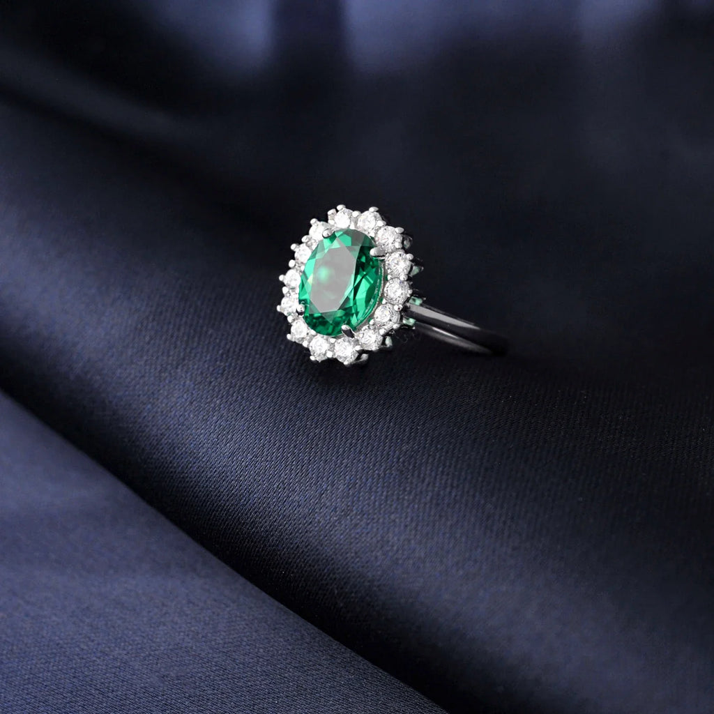 Halo Rings for Women Created Blue Sapphire Nano Emerald Red Ruby Princess Diana 2.67ct Oval Cut 925 Sterling Silver Rings