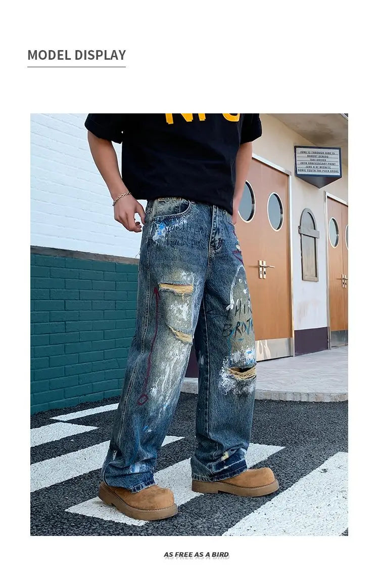 New street graffiti ripped painted jeans for men, straight-leg, loose, wide-leg, trendy brand, stylish high-end