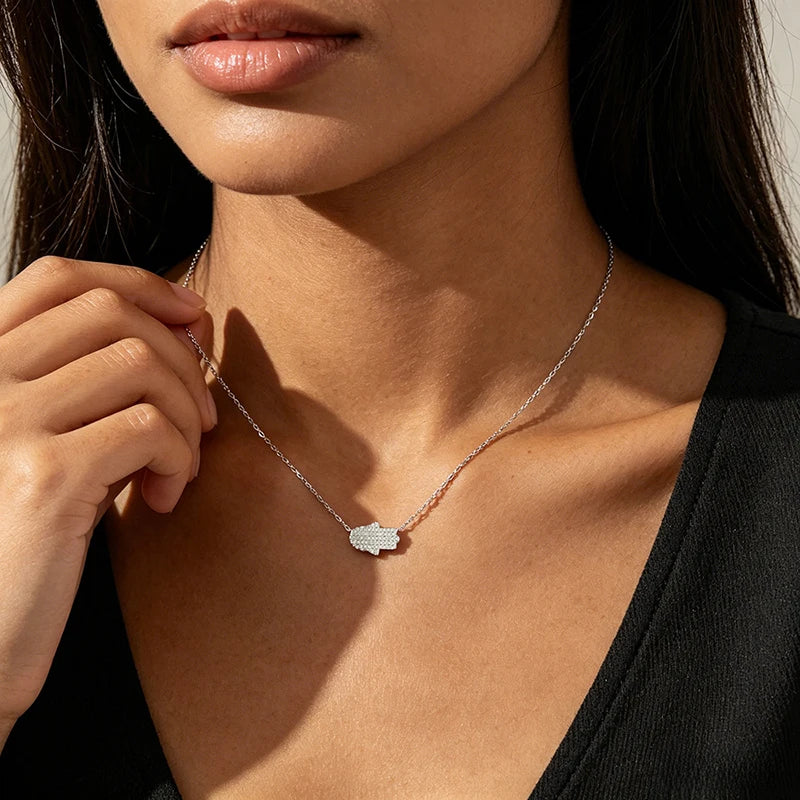 18k Plated Certified Moissanite Necklaces for Women Hand Shape Full Diamond Pendant Dainty Jewelry Pure S925 Silver