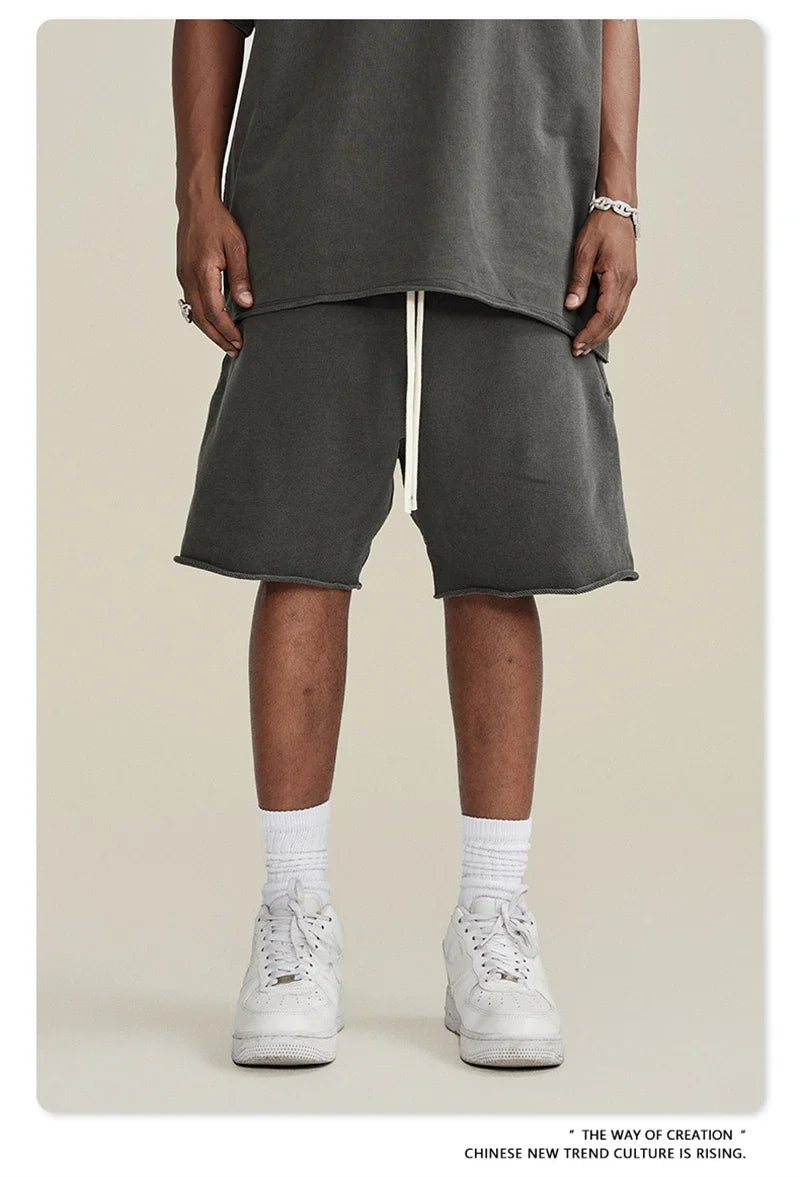 New Summer Men Retro Washed Shorts Unisex Drawstring Loose Edge 420gsm Solid Knee Length Cotton Pants Streetwears HY0589
