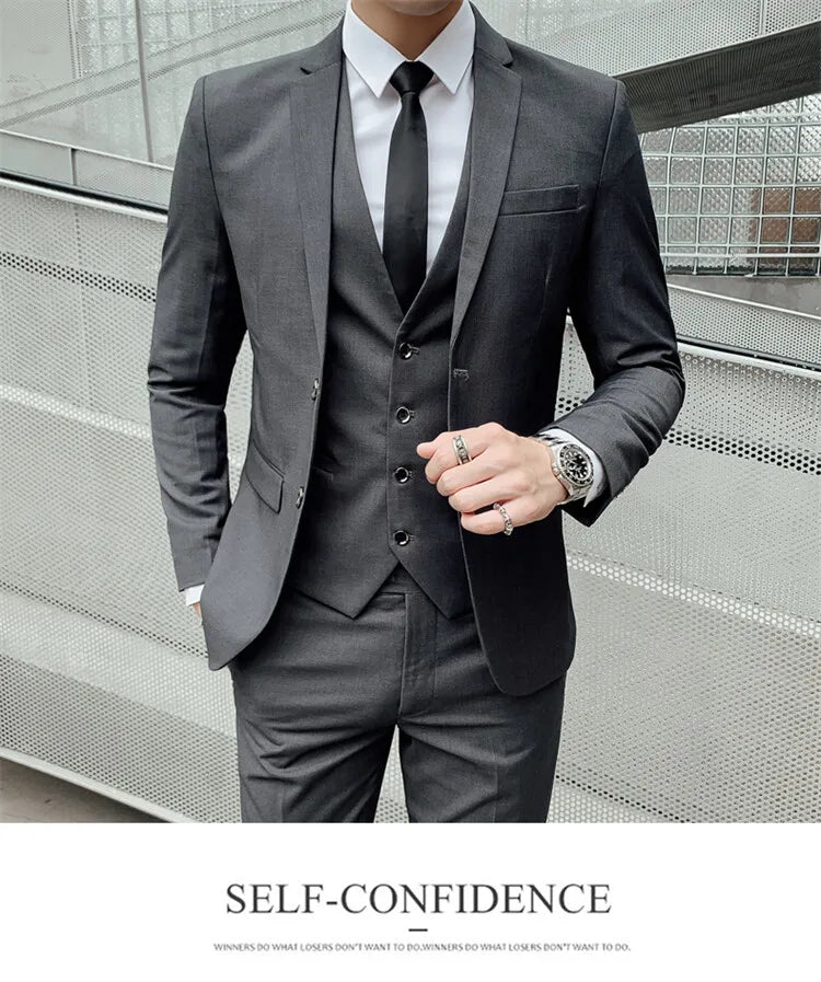Solid Color Suit Men's Fashionable Gentleman Business Banquet Korean-style Formal Dress Casual Wedding (Blazer+Vest+Trousers)