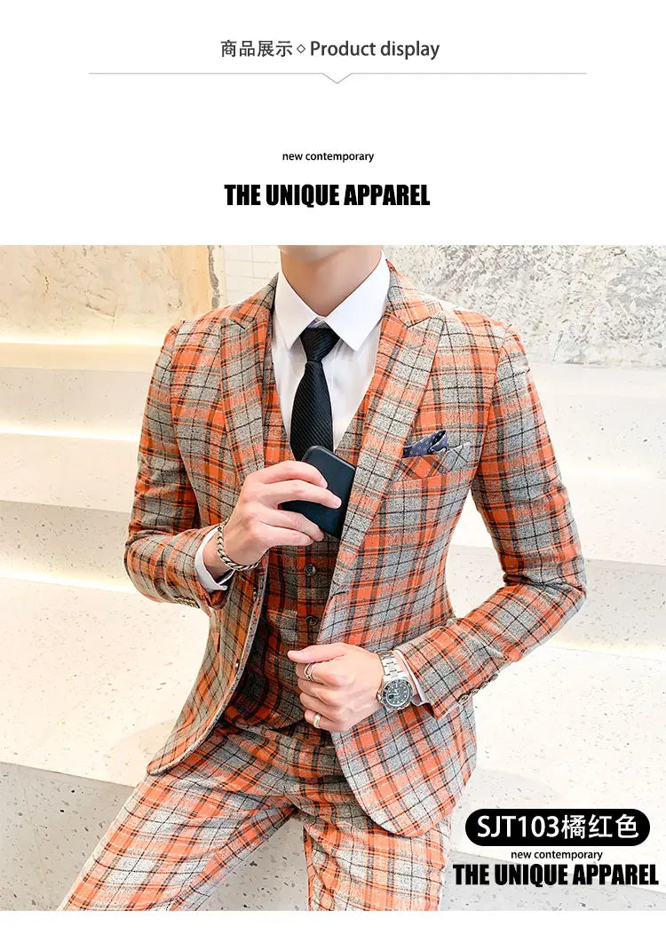( Jackets + Vest + Pants ) New Fashion Boutique Plaid Mens Casual Business Suit Groom Wedding Dress Suit 3pces Set Male Blazer