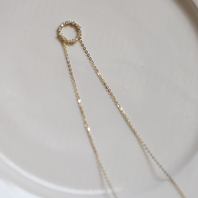 -100% S925 Sterling Silver Plated 18K Gold Necklace with Full Diamond Circle Style Japanese and Korean K Gold Collar Chain