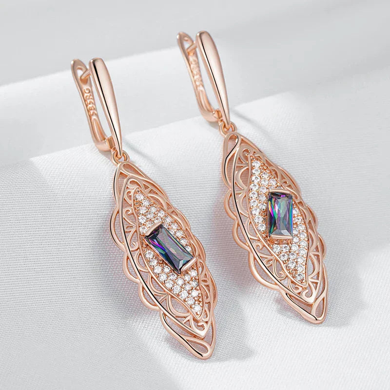 Hot 585 Rose Gold Color Flower Dangle Earrings for Women Square Colorful Natural Zircon Accessories Daily Fine Jewelry