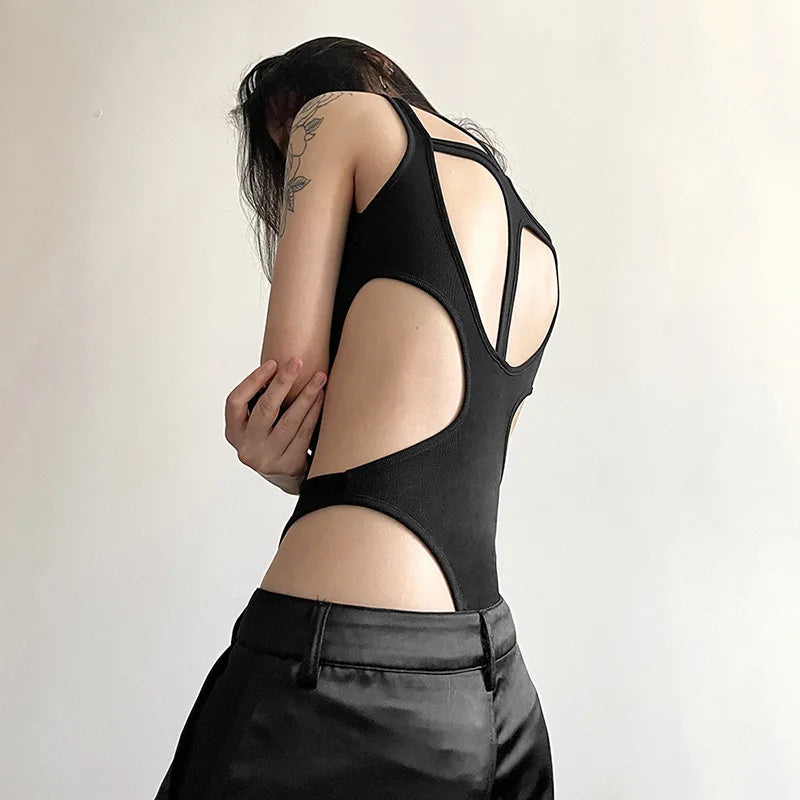 Mall Gothic Hollow Out Sexy Bodysuits Techwear Fashion Y2k Patchwork Tops Women Grunge Backless High Cut Slim Bodysuit