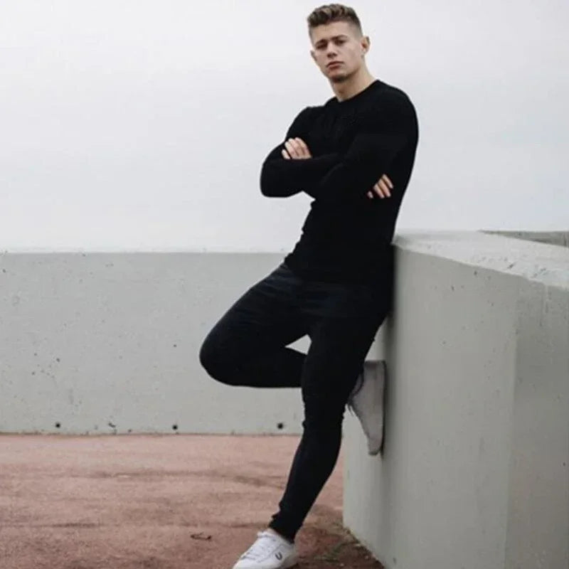 Plain Autunm Cotton Long Sleeve T-shirts Gym Clothing Bodybuilding Fitness Clothing Mens Casual Fashion Slim Fit Sports Shirts