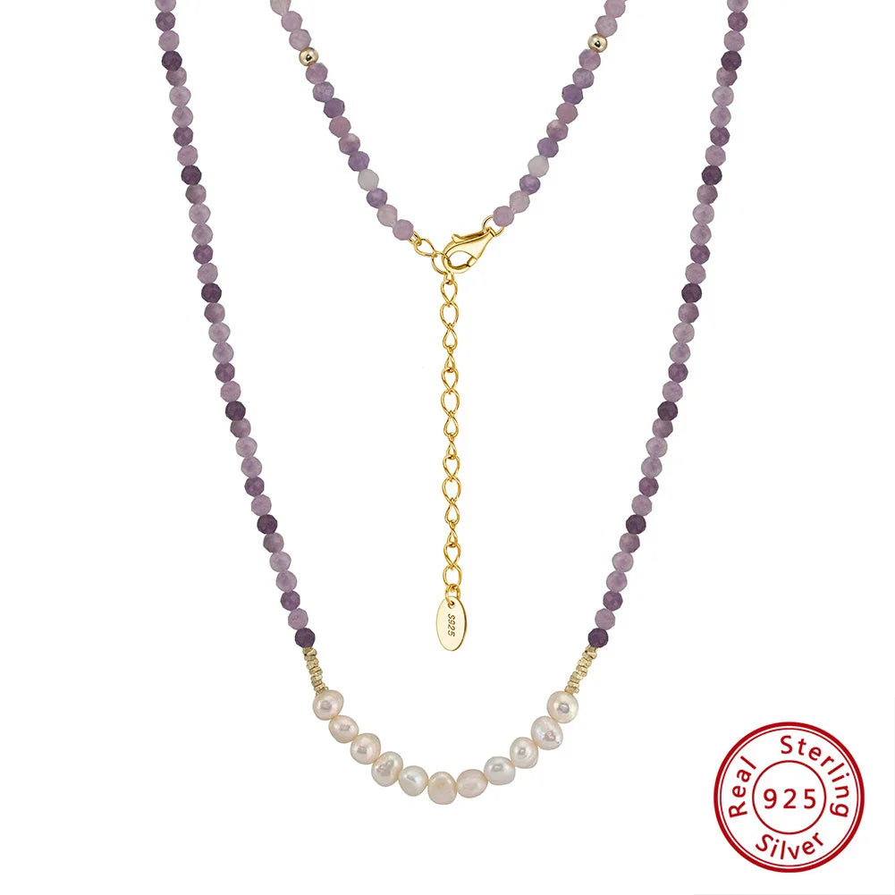 Natural Stone Beaded Purple Mica&Freshwater Pearls Round Shape Necklace 925 Silver for Women Choker Wholesale MPN04