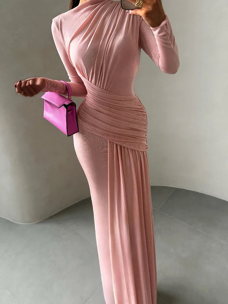 Sisterlinda Folds Maxi Dress Women O-Neck Full Sleeve Solid Banquet Elegant Vacation Fashion Autumn Skinny Casual Simple Vestido