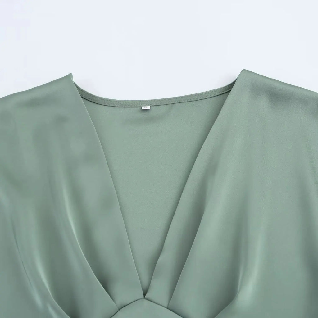 Women Elegant Solid Satin Dress Sexy V Neck Short Sleeve Midi Dress 2025 New Fashion Summer Lady Holidays Party Dress