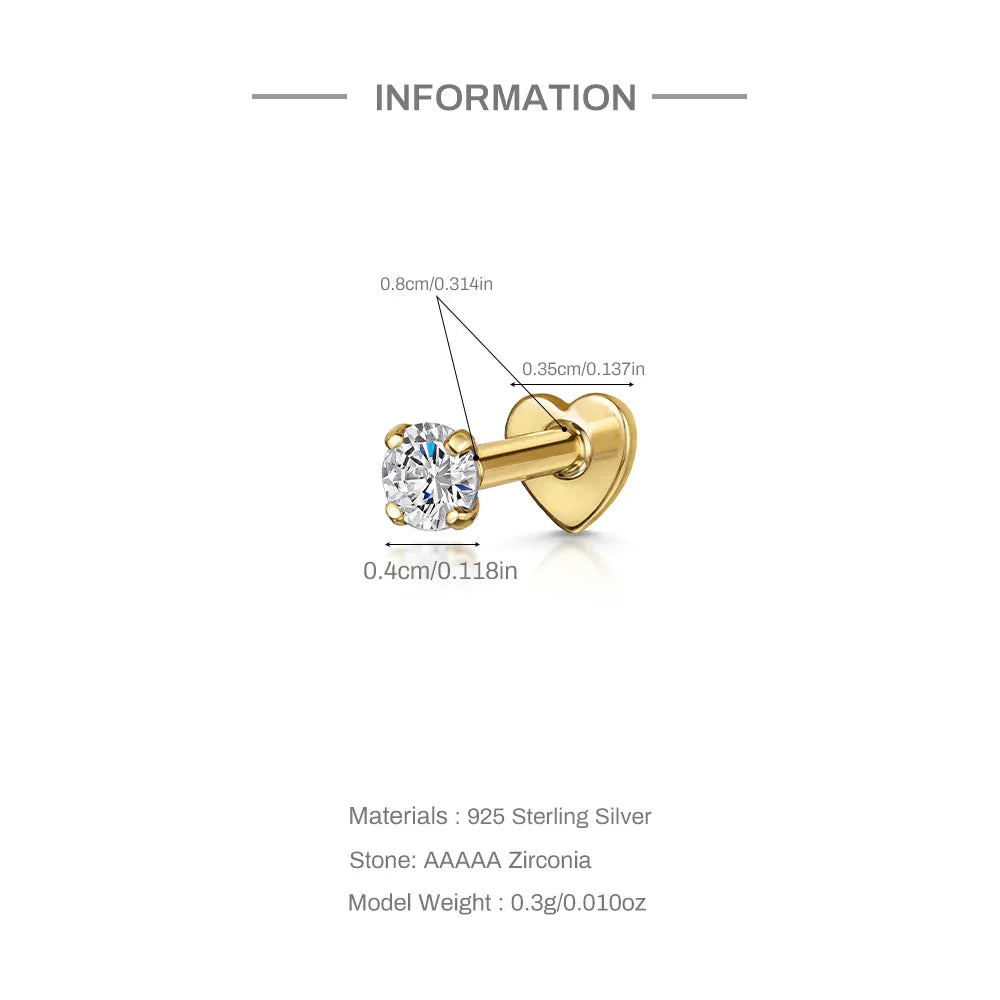 Heart Round Ball Flat Helix Piercing Earring 925 Sterling Silver Ear Studs Geometric Zircon Exquisite Trinket Studs Aretes