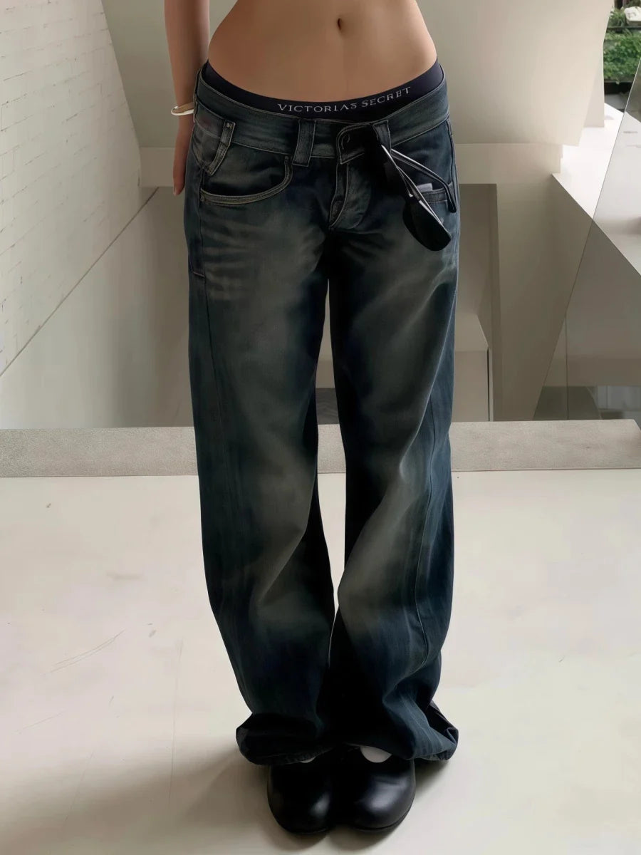 2025 Autumn Winter Women's Low Rise Denim Pants Vintage Simple Y2K Baggy Wide Fit Jeans Harajuku Cowboy Streetwear 2000s Japanes