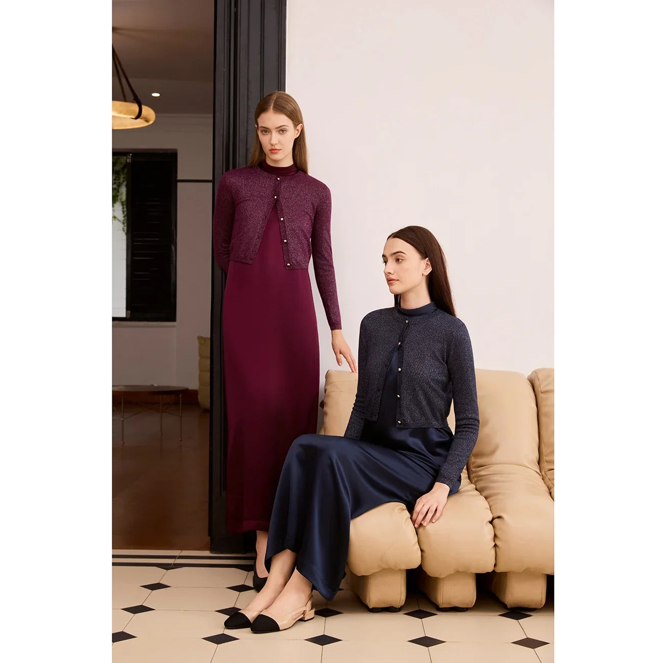 Women 2026 Autumn and Winter Modal Shirt and O Neck Acetate Satin Maxi Dress Lurex Cardigan High Quality Lady Clothing