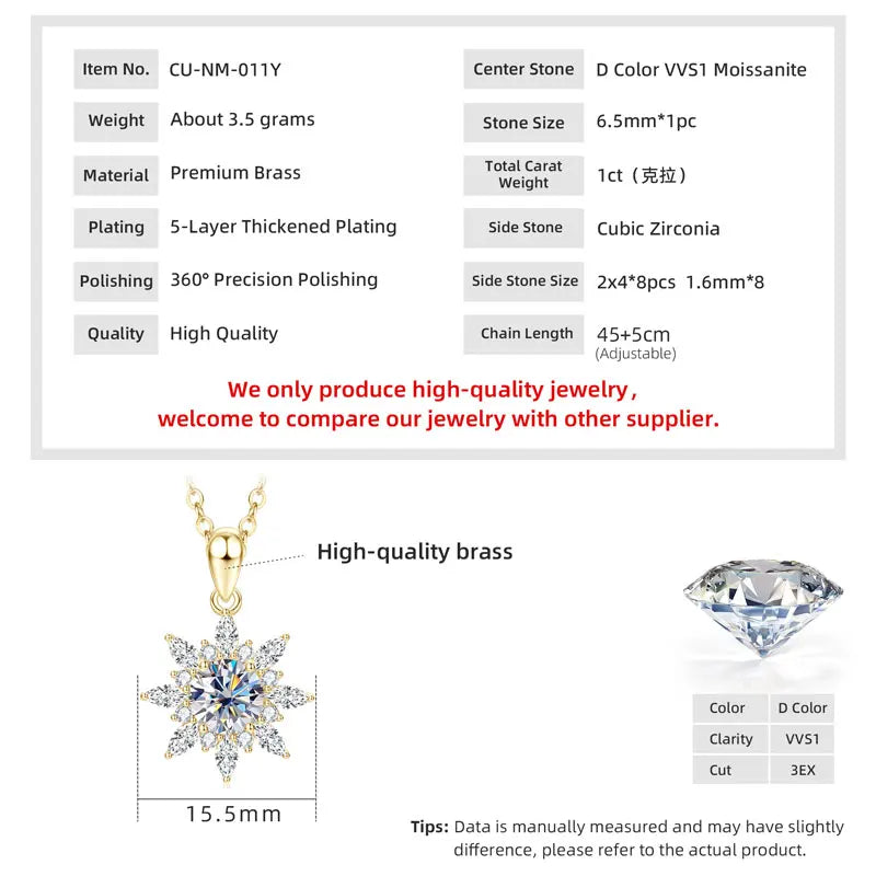 GRA Certified 6.5mm Round Moissanite Delicate Snowflake Pendant Necklace for Women 14K Gold Filled Fine Jewelry Gifts