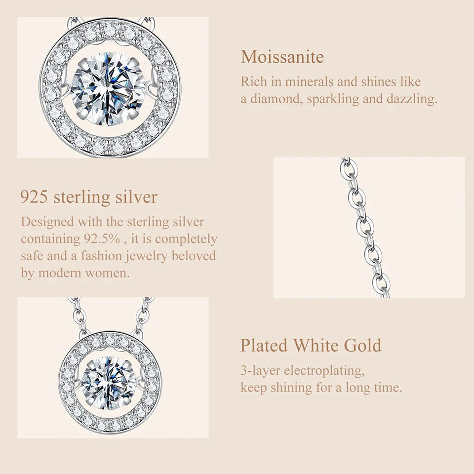 0.5CT Dancing Moissanite Necklace 925 Sterling Silver Halo Round Pendant Link Necklace for Women Wedding Jewellry Gift