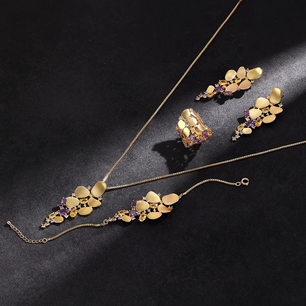Dubai Saudi Arabia Trendy Gold Plated Pendant 4pcs Necklace Set Fashion Women Cubic Zirconia Jewelry Sets Bridal Accessories