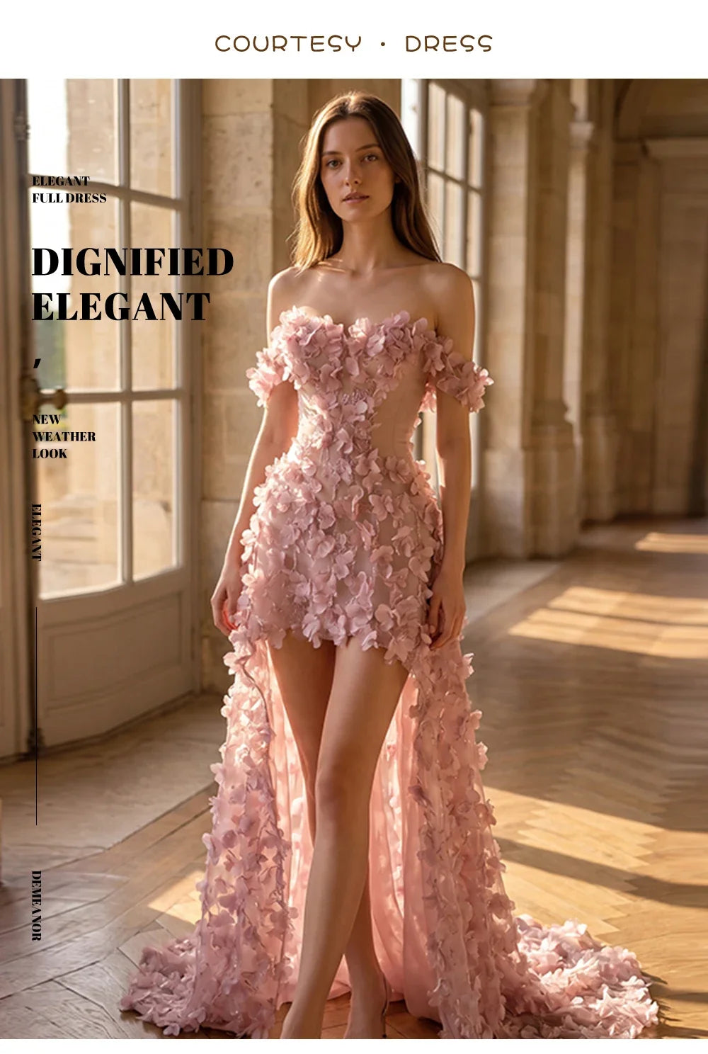 Pink Off Shoulder Mini Evening Dress 3D Handmade Floral Petal Appliques Long Train Tulle Formal Prom Gown Sexy High Split