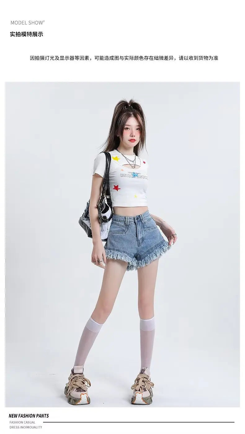 Women's Pear-shaped Friendly Denim Shorts 2026 Summer New High Waist Frayed Hem Casual Streetwear Wide Leg Hot Pants