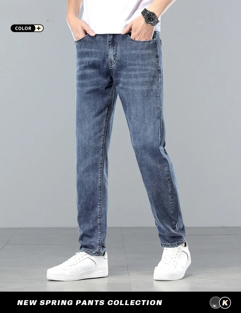  Brand Clothing Spring Summer Slim Men's Jeans Casual Breathable Cotton Fabric Stretch Denim Pants Blue Trousers Male Plus Size