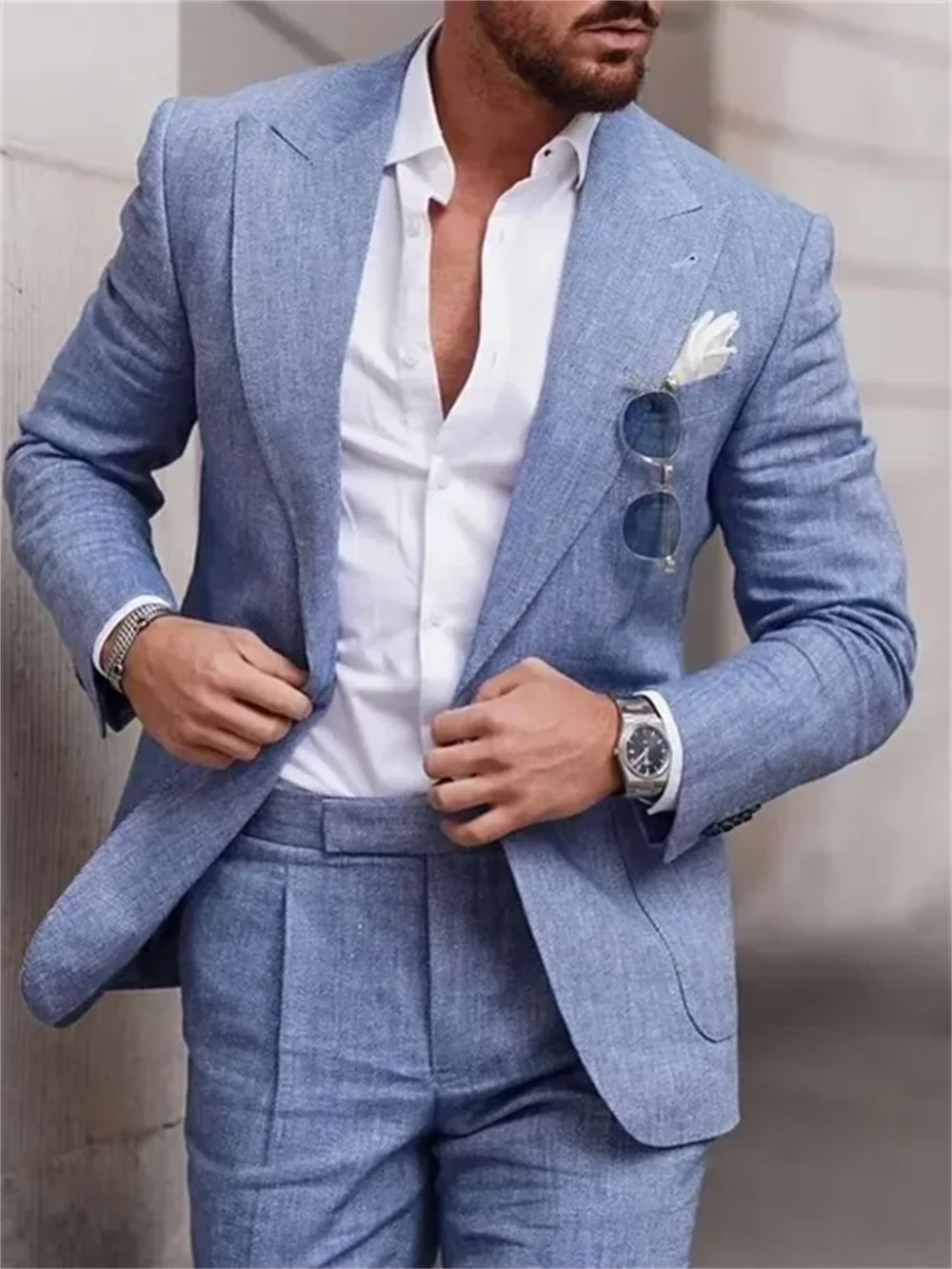 2 Piece Fashion Linen Suits for Men Chic Peak Lapel Double One Button Male Suit Slim Fit Business Casual Wedding Tuxedo Costume