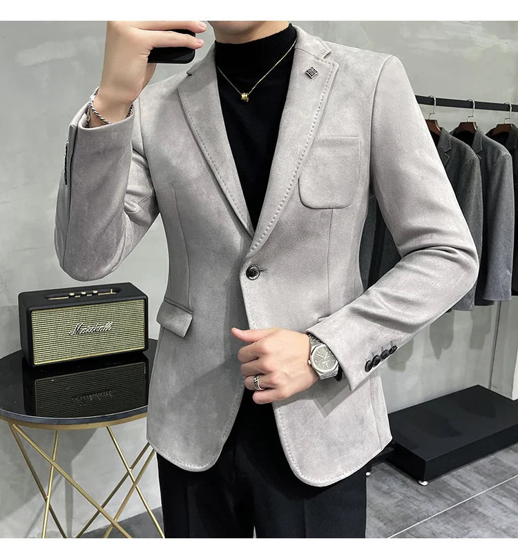 Plus Size 4XL-M Autumn Deerskin Velvet Jackets Blazer 6 Color Men Business Slim Blazers Hommes Casual Wedding Tuxedo Suit Coat