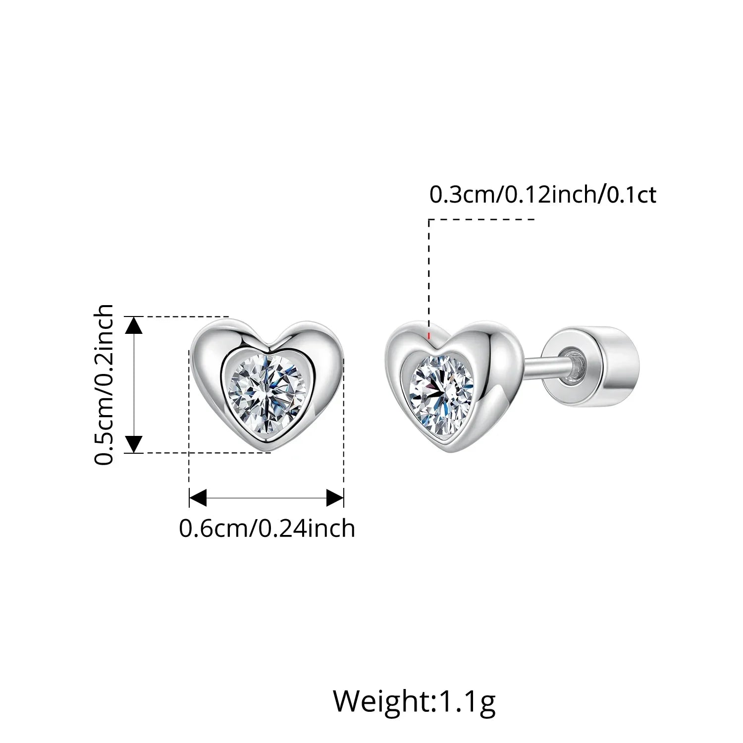 Classic Heart Moissanite Screw-back Earring, Paved Setting Round Cut Lab Created Diamond for Women Engagement Gift S925
