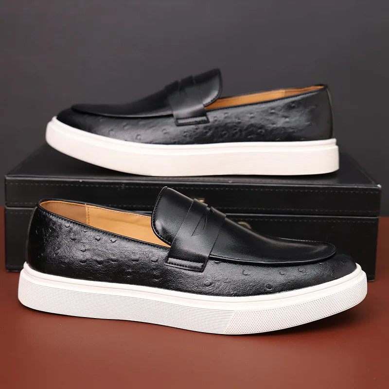 Fashion Men's Casual Shoes Embossed Leather Men British Style Penny Loafers Mens Slip-on Thick Sole Outdoor Flats