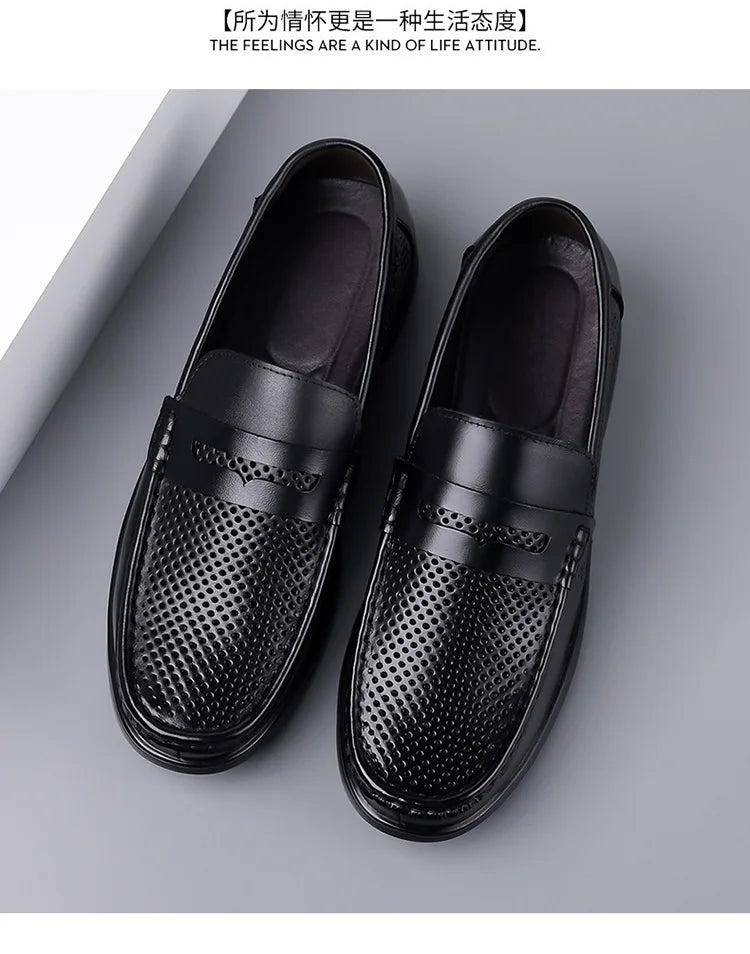 2026 Summer New Men's Breathable Leather Loafers Slip-On Hollow Out Casual Business Casual Shoes for Man Flat Driving Shoes Male