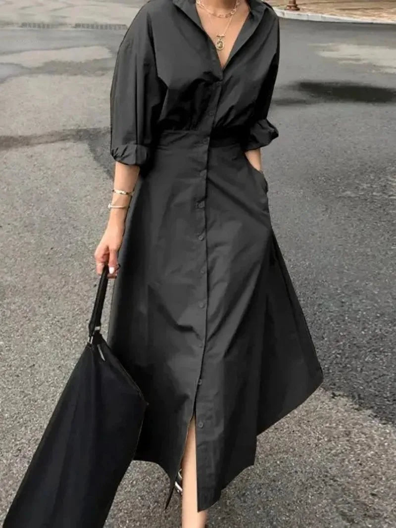 Women Casual Long Shirts Dresses 2025 Summer Spring Clothes Khaki Puff Sleeves Botton Simple Maxi Dresses for Women