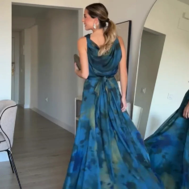 Women's Elegant Blue Watercolor Print Maxi Dress Sleeveless Cowl Neck Satin Formal Evening Gown A-line Floor Length Party Dress