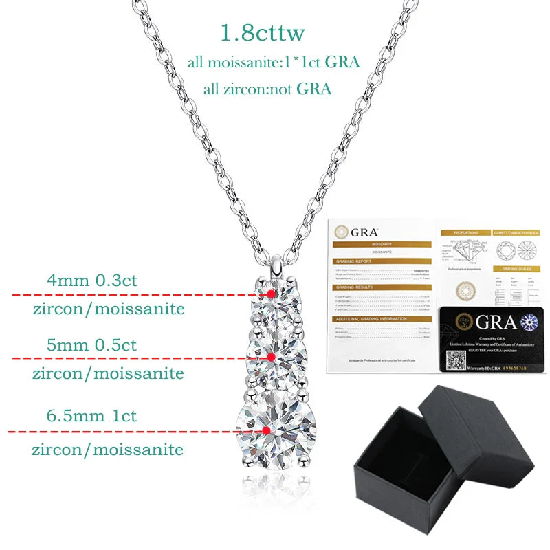 1.8cttw Certified Moissanite Necklace for Women 3 Stones Sparkling Simulated Diamond 925 Sterling Silver Jewelry