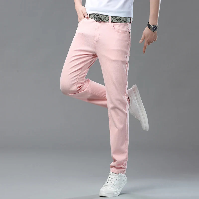 2025 Autumn Men's Elastic Colorful Jeans Breathable Casual  Straight Fitted Solid Color Denim Pants Korean Fashion Trousers