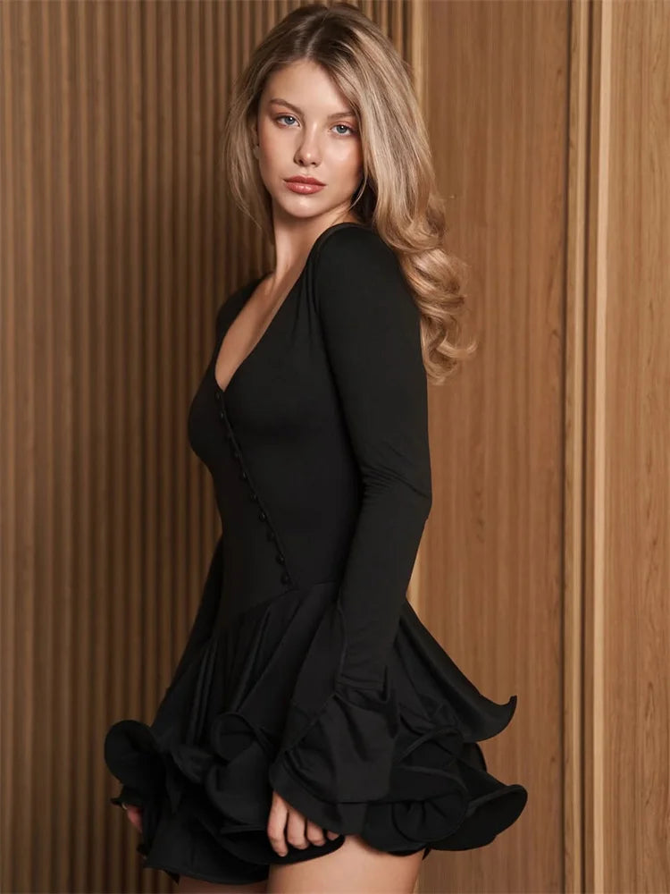 Fashion Ruffled V-Neck Mini Dress Women High Waist Patchwork Sexy Long Sleeve Commute Dress Female Summer Party Bodycon Dress