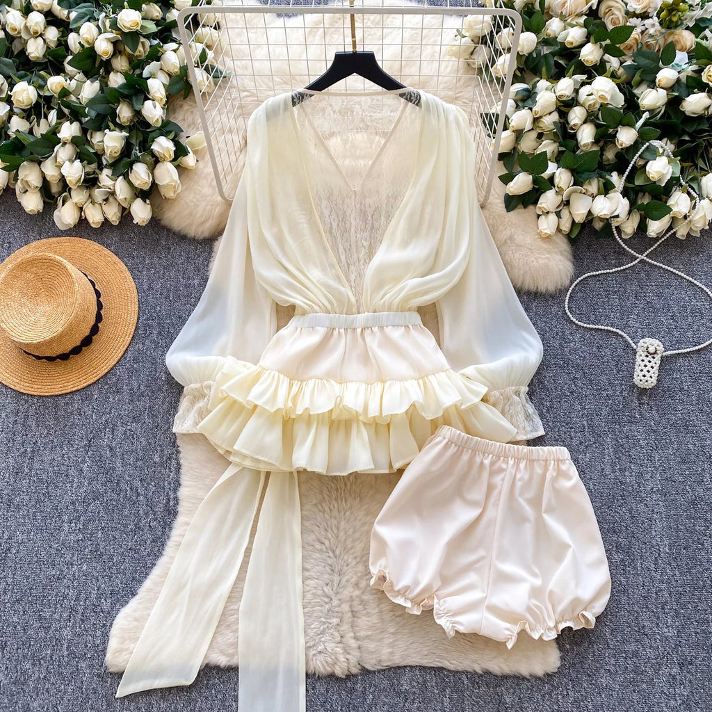 Fairycore Lace Chiffon Dresses With Stretch Shorts Pearl Button Bow Female Ruffles Sheer Seaside Holiday Mini Dress