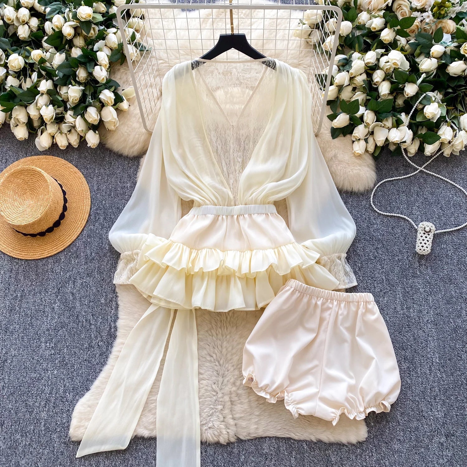 Fairycore Lace Chiffon Dresses With Stretch Shorts Pearl Button Bow Female Ruffles Sheer Seaside Holiday Mini Dress