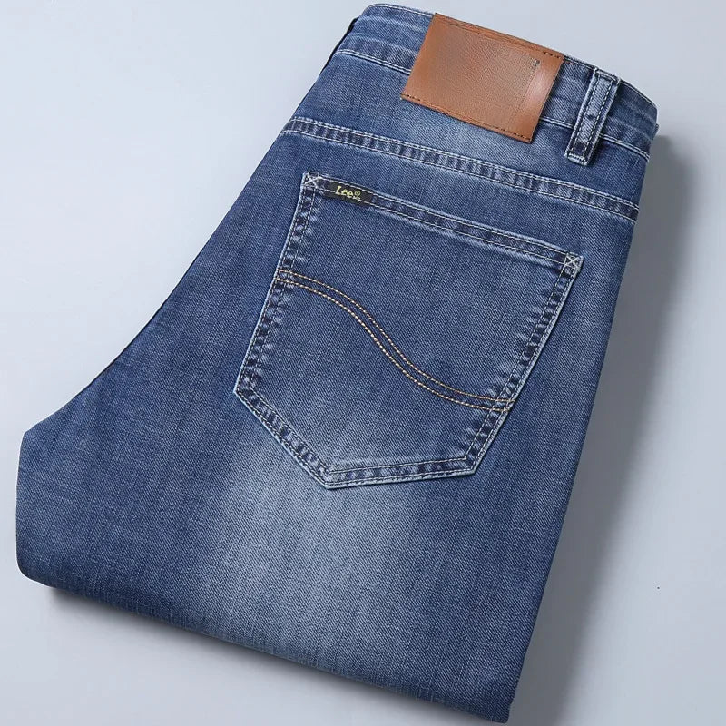 بنطال جينز رجالي مستقيم الساق من Lee Dexjeans، فضفاض، مطاطي، كاجوال، للعمل، خريفي/شتوي، سميك، دنيم فاخر، طويل