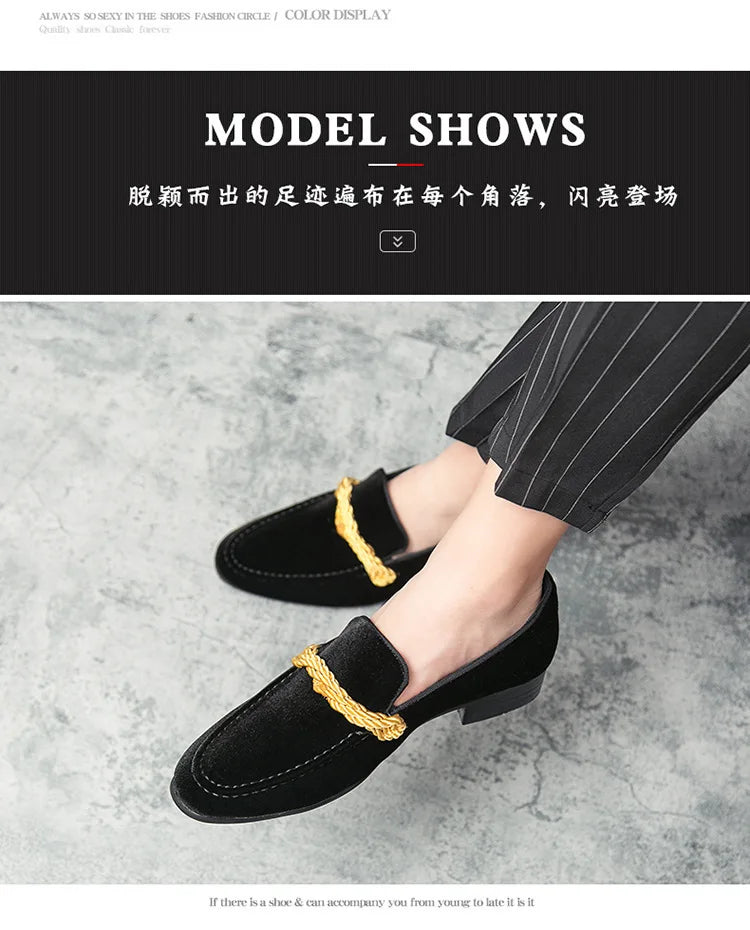 British Style Men Loafers Fashionable Classic Suede Deerskin Casual Dress Brooch Twisted Personality Small Leather Shoes 38-48