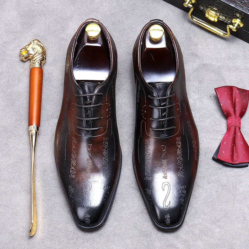 Men's Business Dress Leather Shoes Genuine Leather Shoes Full Cowhide British Laser Engraving Pattern Men's Wedding Shoes 37-46